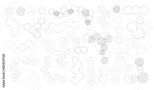 Top view trees for architectural plans and landscape design. Minimal vector illustration for urban planning, site plans, and architectural entourage.