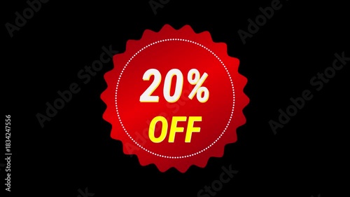 Red sale sticker with a 20 percent discount offer on a black background. Icon transparent motiongraphic video
