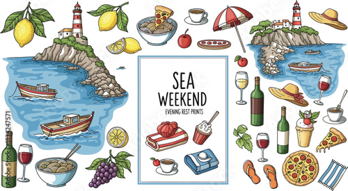 Summer sea weekend illustration with lighthouse boats food and drinks elements