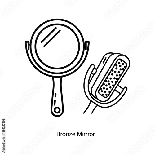 Bronze Mirror and Ancient Archaeological Tool Line Art