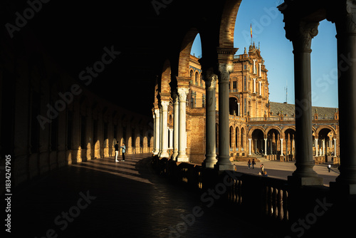 scenes from Plaza de Espana in the medieval city of Seville Spain