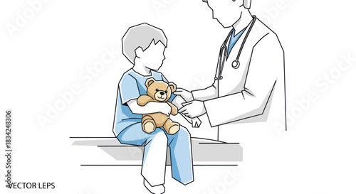 Doctor Examining Young Child with Teddy Bear During Medical Check-up.