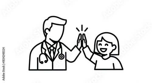 Doctor and Happy Child Giving a High Five Line Art Illustration.