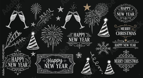 Festive new year and christmas chalk drawings on a blackboard background