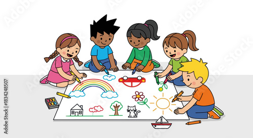 Diverse group of children drawing and coloring a large picture together.