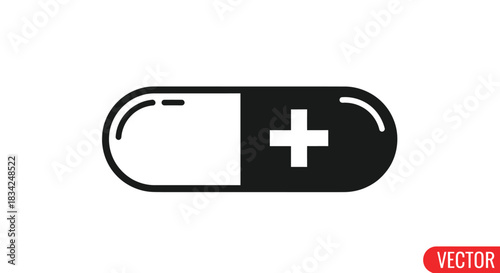 Simple Black and White Pill Icon with a Plus Symbol.