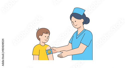 Nurse Applying Bandage to Young Boys Arm.