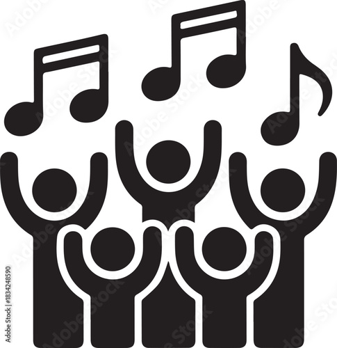 Group of five cheering people with raised hands and floating musical notes vector illustration