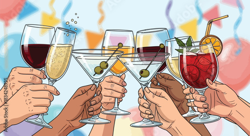 Diverse hands toasting with cocktails and wine glasses at a celebratory event