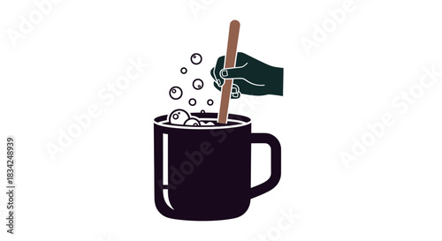 Hand stirring a dark mug filled with frothy beverage and bubbles.