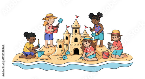Children Building Sandcastle on Beach with Buckets and Shovels.
