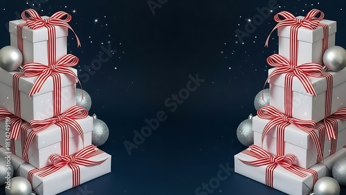 Stacked christmas presents with red and white ribbon on dark background