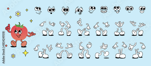 Set of 70s groovy comic faces, Cartoon character faces collection, leg, arm, hand in different emotions happy, angry, sad, cheerful. Cute retro groovy hippie doodle illustration for cute decorative