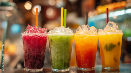 Assorted colorful fruit smoothies with ice and straws lined up on a bar counter display case