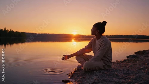 Peaceful Meditation at Lakeside During Sunset