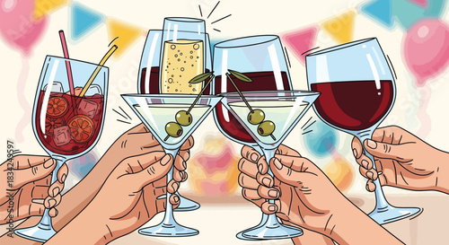 People toasting with cocktails and drinks at a festive celebration or party event