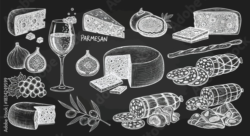 Hand drawn sketch of cheese wine figs grapes olives and salami on chalkboard