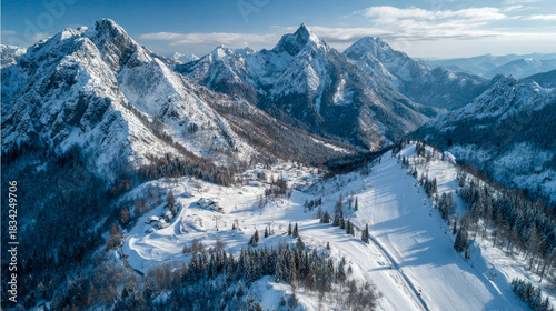 An aerial photograph of the Vogel Ski Resort in Slovenia in the winter