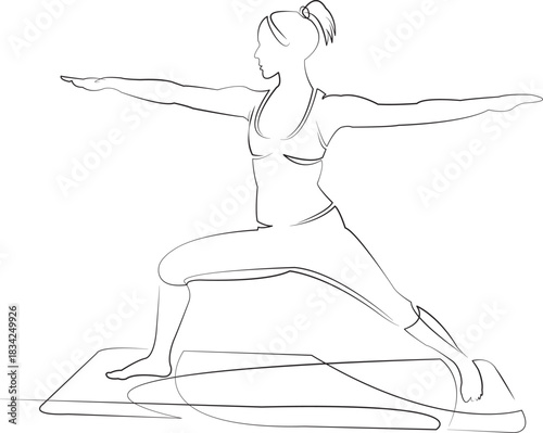 One continuous line drawing on white isolated background. Minimalism linear illustration. yoga, physical exercise, health, training, exercise, woman, girl, pose, female, fitness