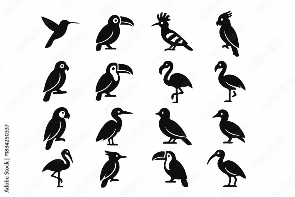 Fototapeta premium Silhouette icons of diverse bird species with unique features and postures
