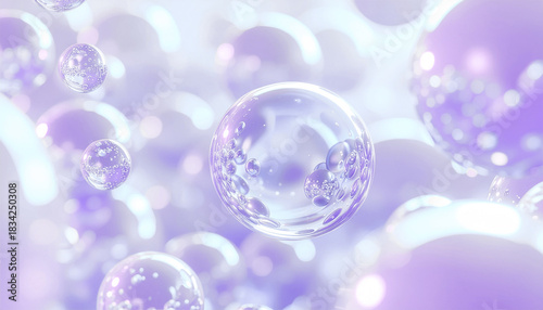 Wallpaper Mural ラベンダーカラーの美容成分分子が浮遊する高精細マクロ背景｜透明バブルと気泡が輝くペプチド・レチノールのスキンケアイメージ / High-resolution macro background of floating lavender skincare molecules with glowing transparent bubbles and droplets, peptide, retinol Torontodigital.ca