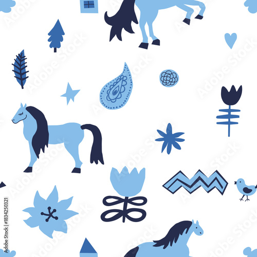 Vector seamless pattern with Christmas blue elements on an isolated white background. Animalistic and botanical print in a modern flat style with horses.
