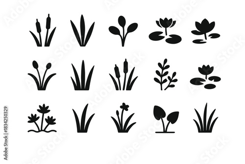 Collection of silhouette plant icons featuring reeds and lotus designs