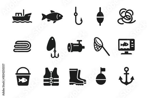 Fishing equipment icons: boat, fish, hooks, bobber, knots, lure, vest, boots, anchor