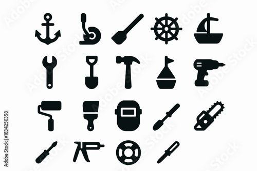 Set of nautical and construction tool icons in black silhouette style