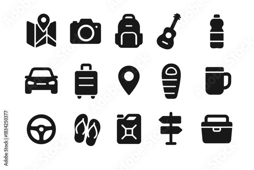Collection of travel and adventure icons including map, camera, and backpack