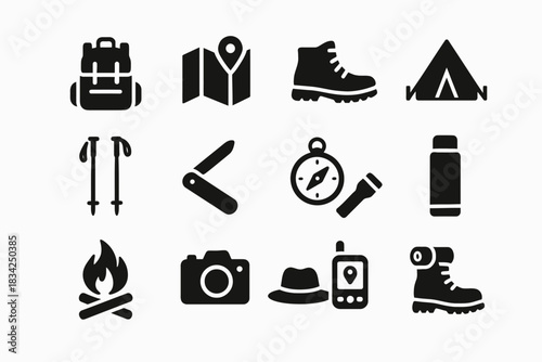 Camping equipment icons: backpack, map, tent, hiking gear, camera, gps
