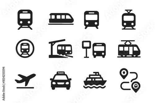 Various transportation icons: train, bus, tram, taxi, airplane, ship