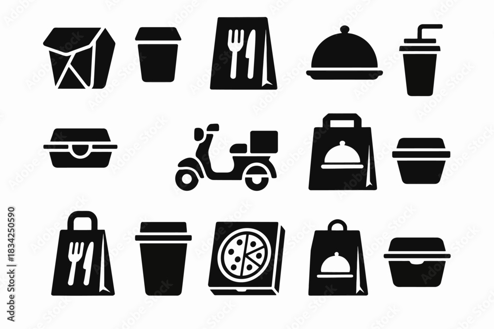 Fototapeta premium Silhouette icons of food delivery and packaging: boxes, bags, scooter, and utensils