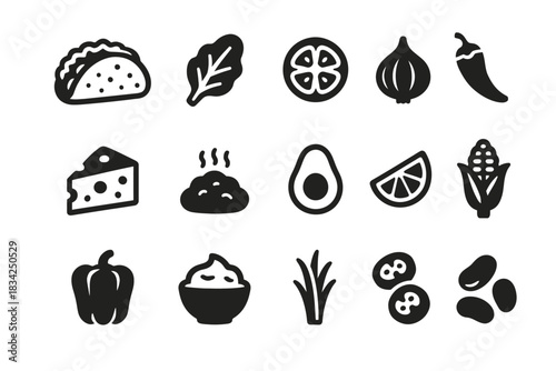 Assorted food icons including taco, cheese, avocado, and vegetables