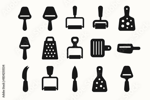Variety of cheese cutters and graters silhouette icons