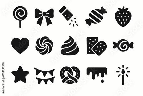 Collection of sweet treats icons: candy, lollipop, strawberry, pretzel, heart, star