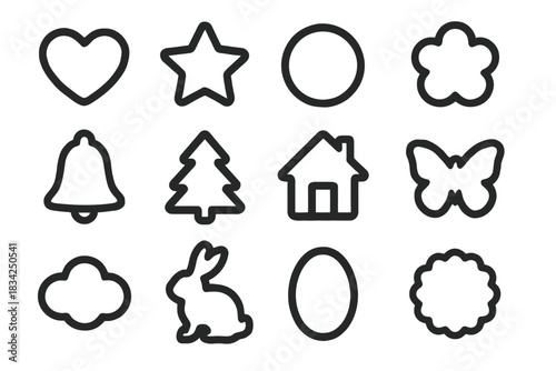 Outline of twelve iconic shapes: heart, star, circle, flower, bell, tree, house, butterfly, bunny, egg, cloud