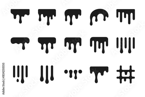 Set of sixteen dripping paint icons in black silhouettes