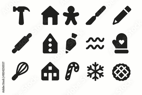Baking and gingerbread icon set featuring gloves, whisk, and rolling pin