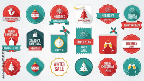 A collection of festive holiday and christmas themed badges and labels featuring snowflakes christmas trees ornaments clocks champagne glasses and seasonal greetings for winter sales and celebrations