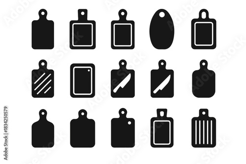 Silhouette icons of various cutting boards and knives