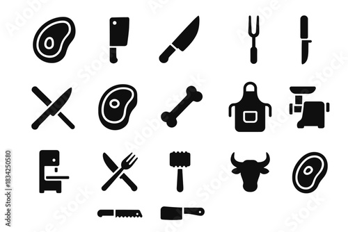 Meat cutting tools: knives, cleavers, forks, and more in black icons set
