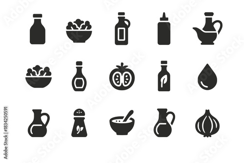 Assorted condiment and sauce icons including bottle and bowl designs