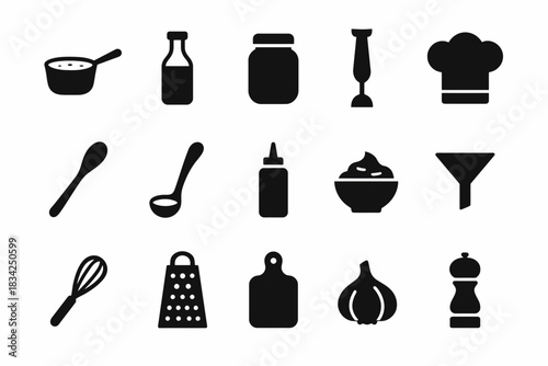 Set of cooking utensil icons: spoon, ladle, blender, grater, chef hat
