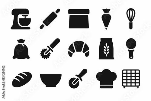 Baking icon set: mixer, rolling pin, piping bag, whisk, bread, chef hat