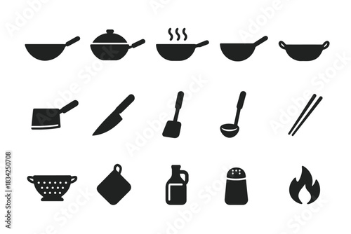 Kitchenware silhouettes: pans, utensils, and cooking essentials icons