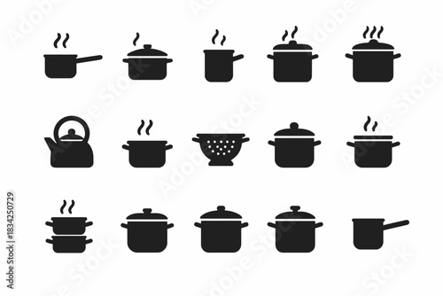 Set of black cooking pot silhouettes with steam in various designs
