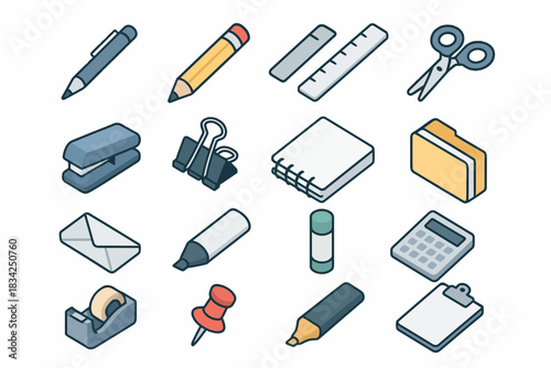 Collection of office supplies: pens, scissors, notebooks, and more