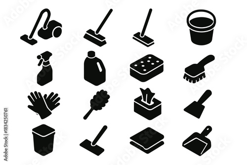 Silhouette icons of cleaning tools: vacuum, mop, sponge, gloves, brush, bucket, spray bottle