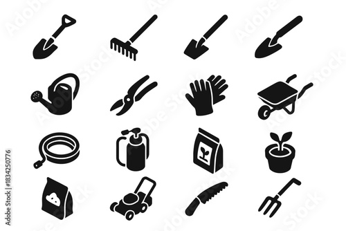 Silhouette icons of essential garden tools and equipment